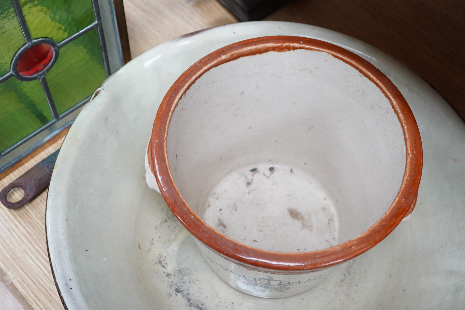 A glazed pottery dairy bowl and Maypole Dairy Co. Ltd. cream advertising cream pail, 21cm high (2)